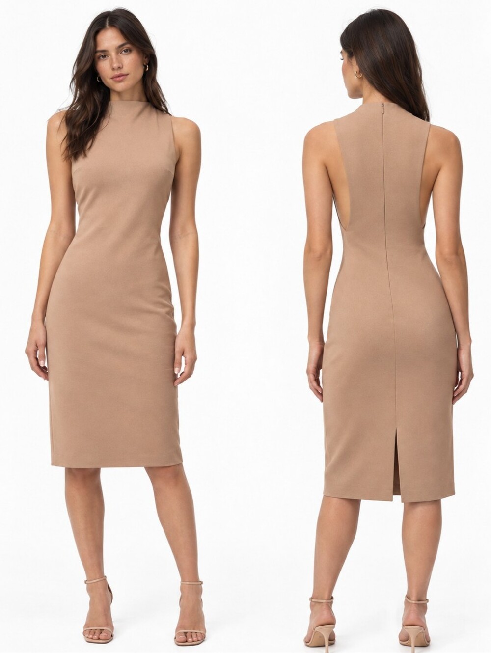 Aritzia Babaton Matheson Dress Nude Taupe Sleeveless Mock Neck Midi Sz 0 Party